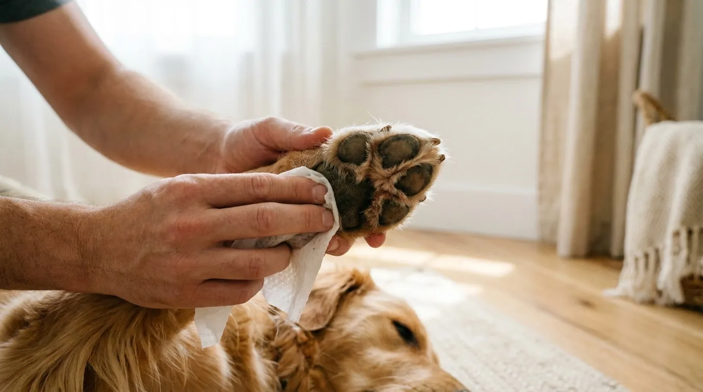 大型犬の前足の肉球と指の間をウェットシートで拭いている様子