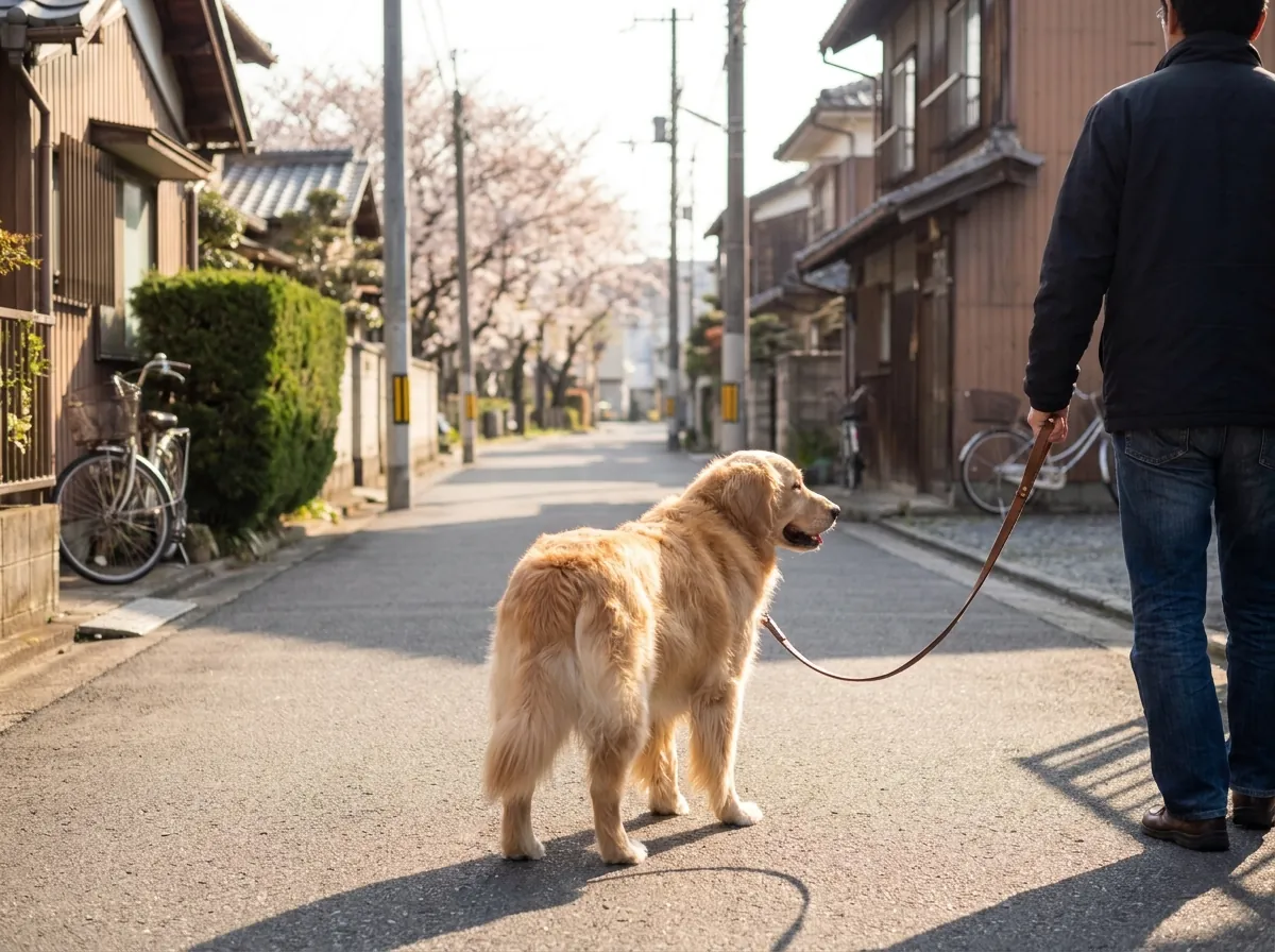 早朝の住宅街を散歩するゴールデンレトリバーと飼い主