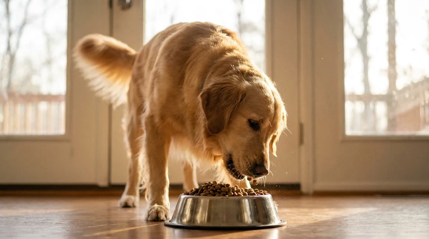ステンレスのボウルからドッグフードを食べる大型犬のゴールデンレトリバー
